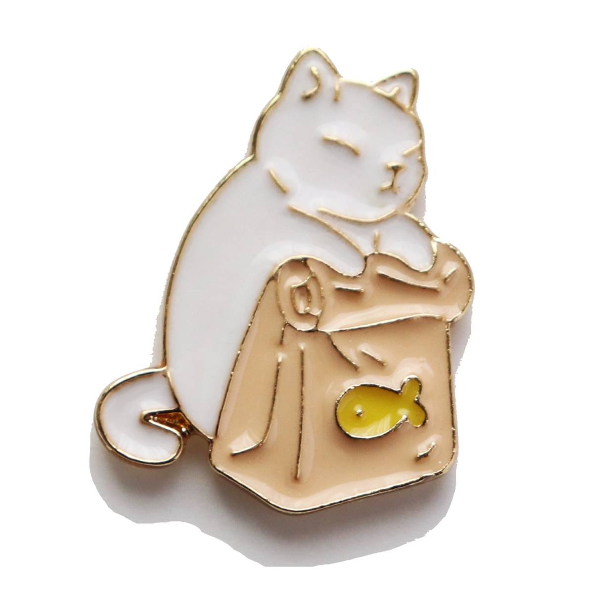 猫とエサ袋 ピンバッジ 白色 かわいいネコのピンズ グッズ拍卖