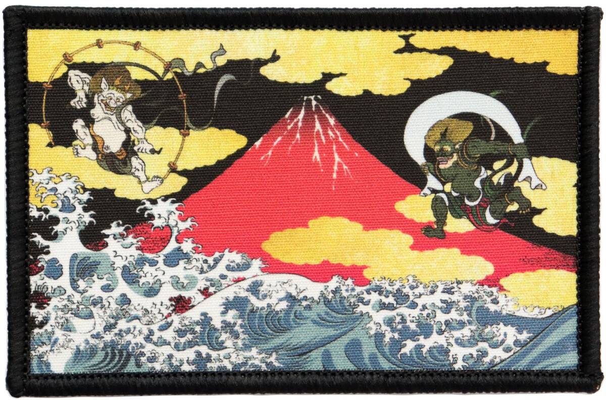 ワッペン 風神雷神 赤富士 波 マジックテープ(ベルクロ・面ファスナー)着脱式 ミリタリー サバゲー 浮世絵・日本画プリント 印刷パッチ拍卖