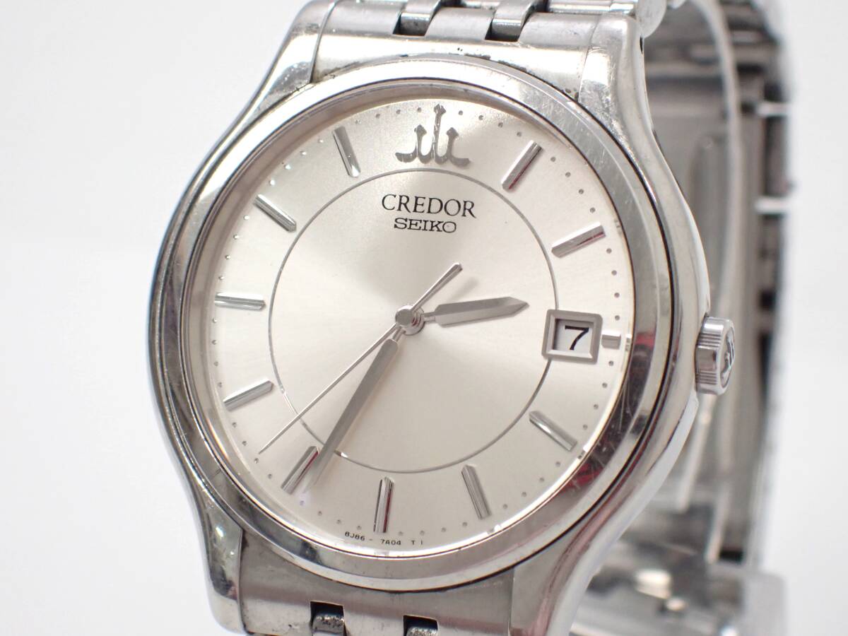 稼働品 1円~☆SEIKO セイコー QZ メンズ腕時計 CREDOR クレドール 8J86-7A00 シルバー文字盤 デイト ラウンド/DA0464-22094.10/27拍卖