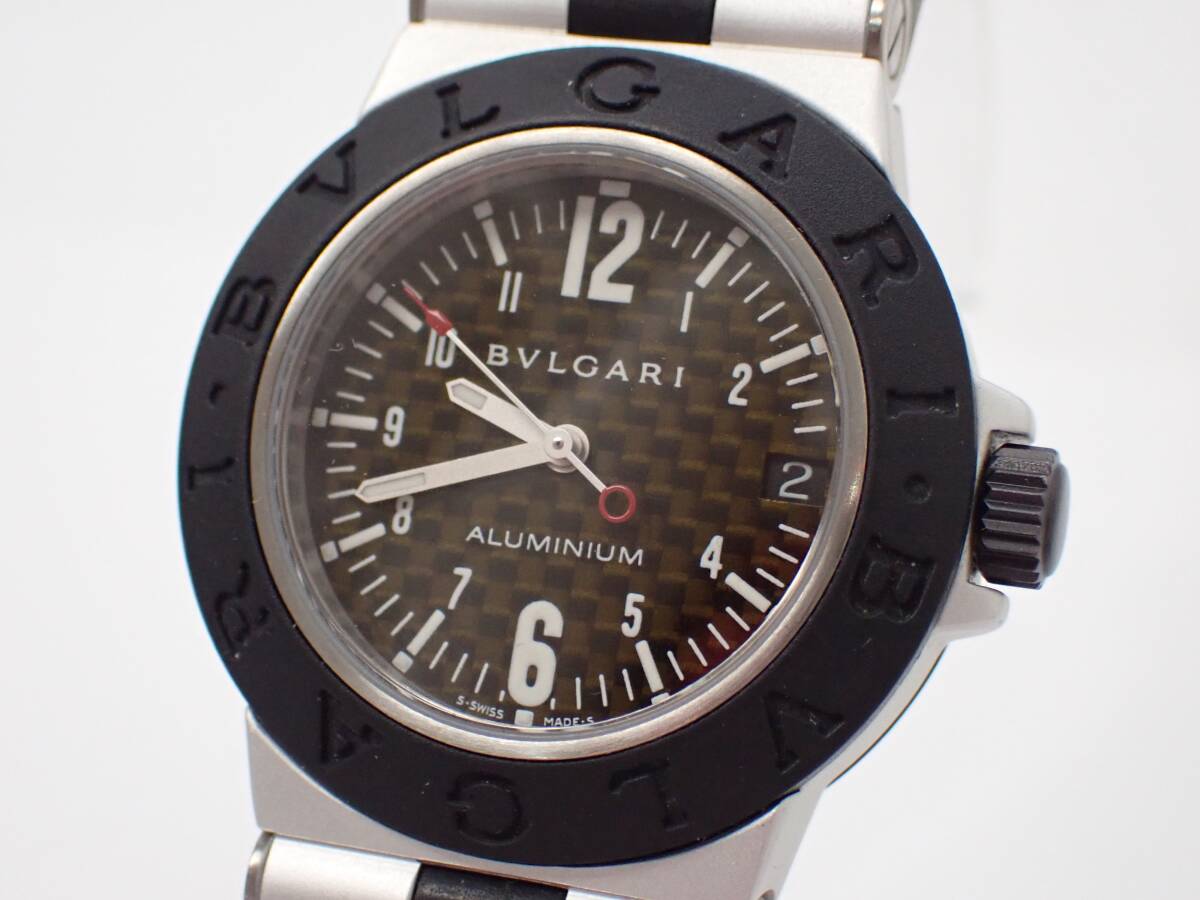 稼働品 1円~☆BVLGARI ブルガリ QZ メンズ/ボーイズ腕時計 アルミニウム AL32TA 黒文字盤 デイト ラウンド アナログ/DA0773-13596.10/27拍卖