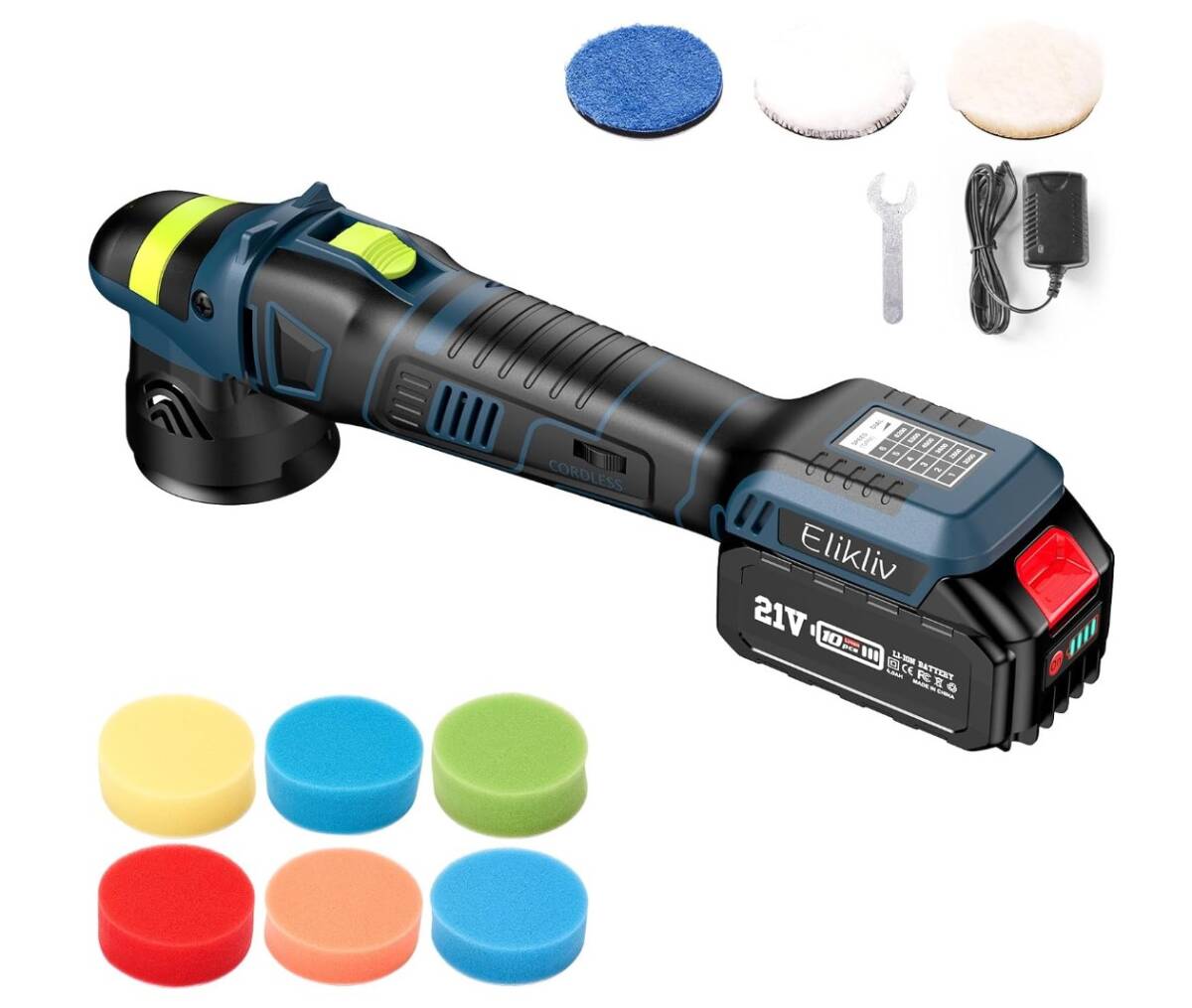 最短翌日 限定Sale!! E155 Elikliv ダブルアクション 六段変速 ミニポリッシャー 75mm 小型 充電式 コードレス 2000-6200RPMRPM 拍卖