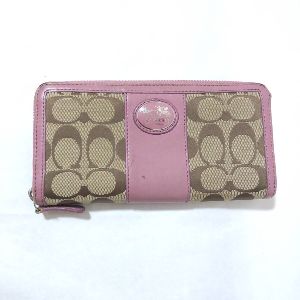COACH コーチ シグネチャー 長財布 財布 ラウンドファスナー キャンバス レザー ピンクベージュ拍卖