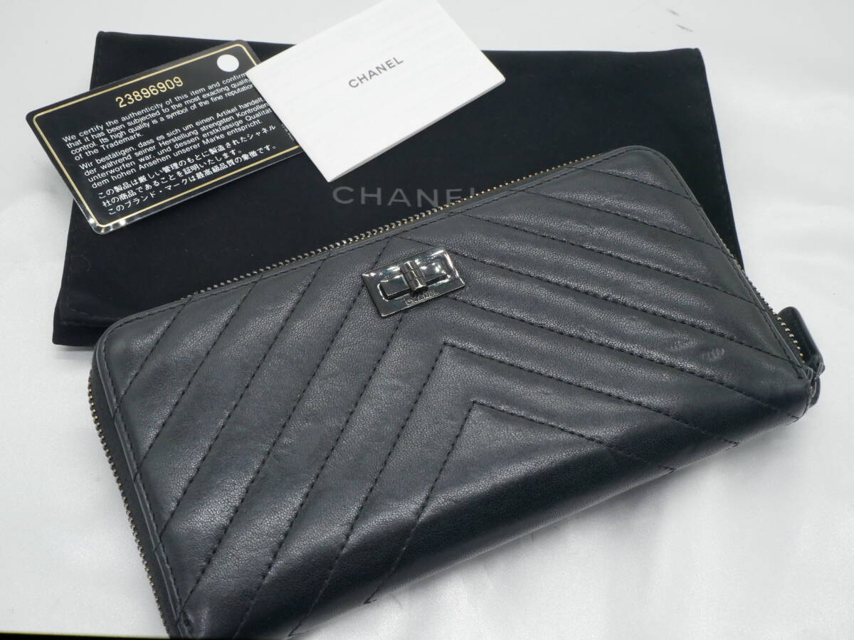 CHANEL シャネル Vステッチ シェブロン ココマーク 長財布 ラウンドファスナー レザー ブラック カードあり拍卖