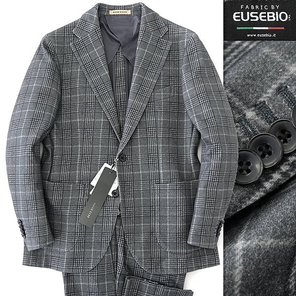 新品 ヒルトン イタリア EUSEBIO フランネル ジャージー スーツ AB6(幅広L) 灰 【J47982】 秋冬 HILTON チェック セットアップ ストレッチ拍卖