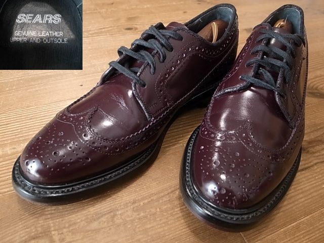 SEARS シアーズ 革靴 茶 ビンテージ ロング ウィングチップ メダリオン レザーシューズ USA仕入 サイズ 8D 約 26㎝拍卖