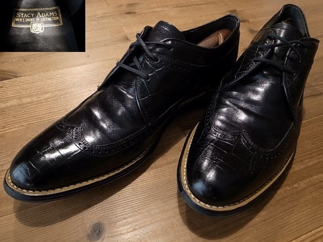STACY ADAMS ステイシーアダムス 黒 革靴 クロコダイル型押し ウィングチップ レザーシューズ USA仕入 サイズ 101/2D 約 28.5㎝拍卖