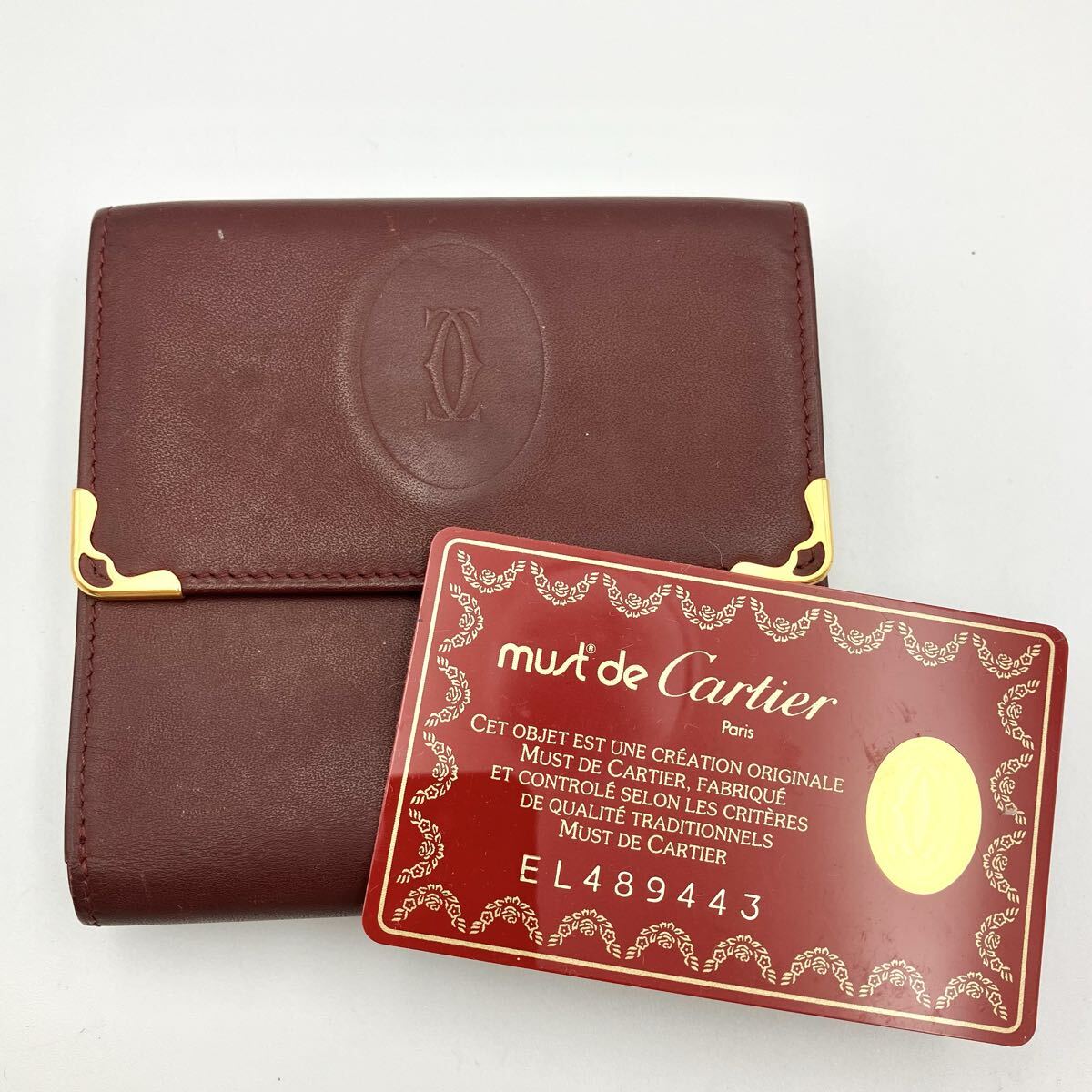 カード付き 【 カルティエ マストライン 三つ折り財布 】 Cartier 財布 レザー 小銭入れ ボルドー 箱 コインケース マスト ブランド N55拍卖