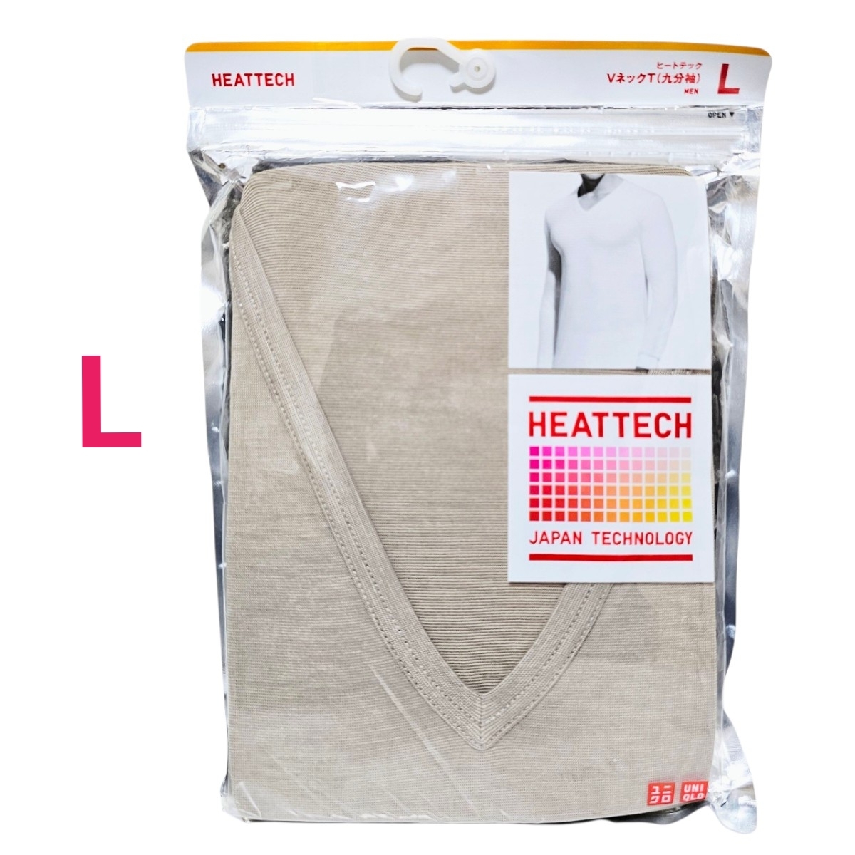 新品 ユニクロ ヒートテック VネックT 九分袖 L ベージュ UNIQLO HEATTECH Y72拍卖