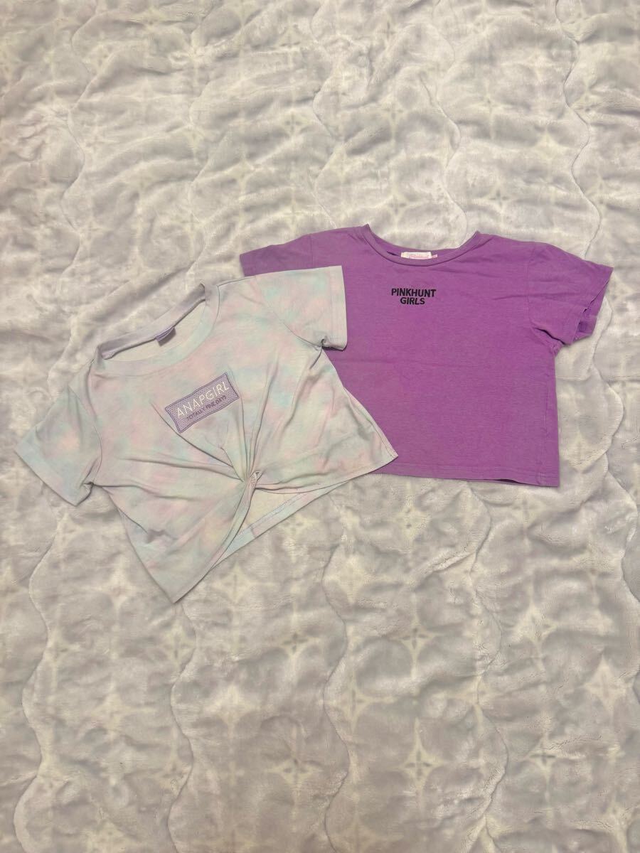 アナップ ピンクハント 2枚セット 140 150 クロップド丈 ショート丈 半袖Tシャツ 紫色 水色 ピンク タイダイ柄 原色 ヘソ出し ダンス拍卖