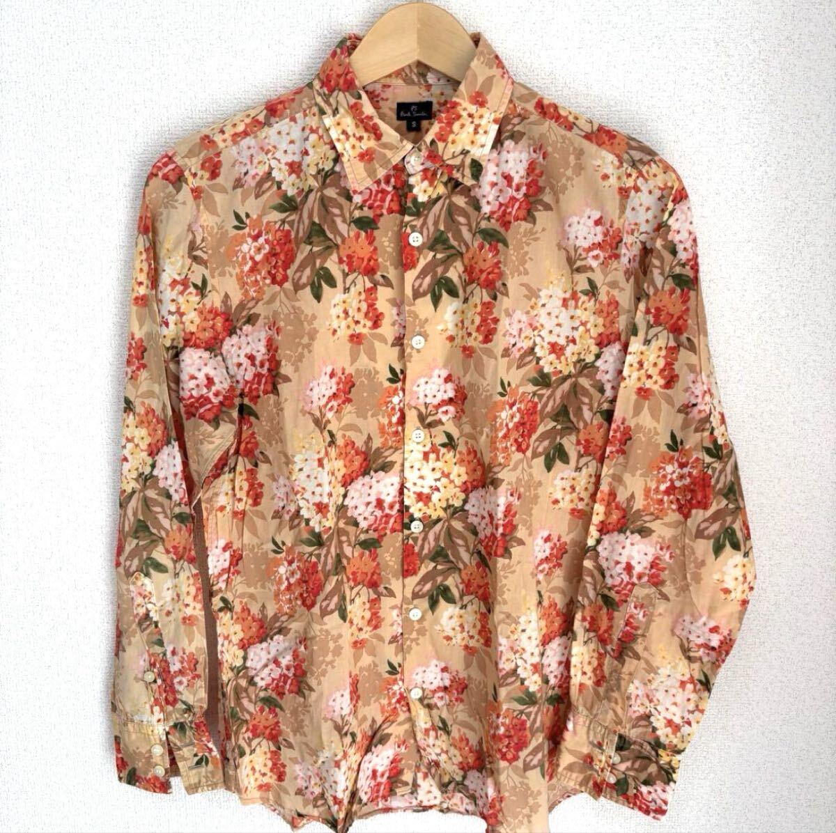 PS Paul Smith ピーエス ポールスミス 長袖コットンシャツ 花柄 ボタニカル 総柄 ベージュ系 プリント アート ボタンダウン 紳士 Sサイズ拍卖