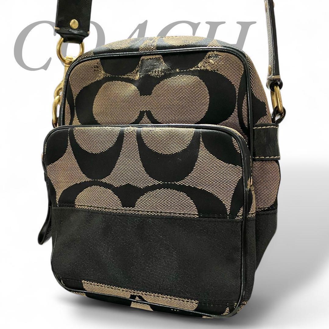 【MY0113】COACH コーチ 中古品 レディース ショルダーバッグ シグネチャー ボディ カメラバッグ 10128 ブラウン ブラック キャンバス 拍卖