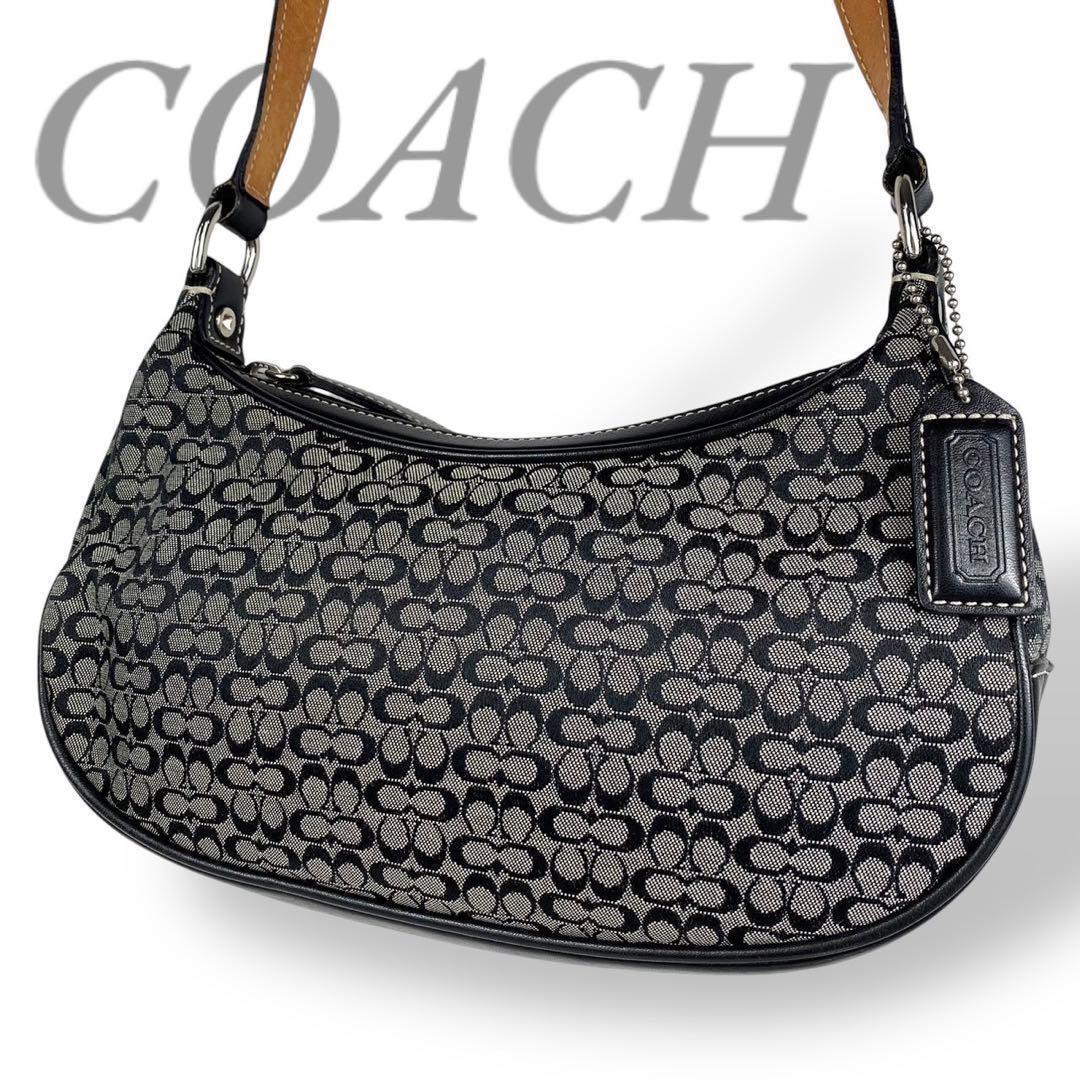 【B2215】 COACH コーチ ショルダーバッグ シグネチャー キャンバス レザー ミニバッグ ブラック グレー 斜め掛け 6344 タグ付き ポーチ拍卖