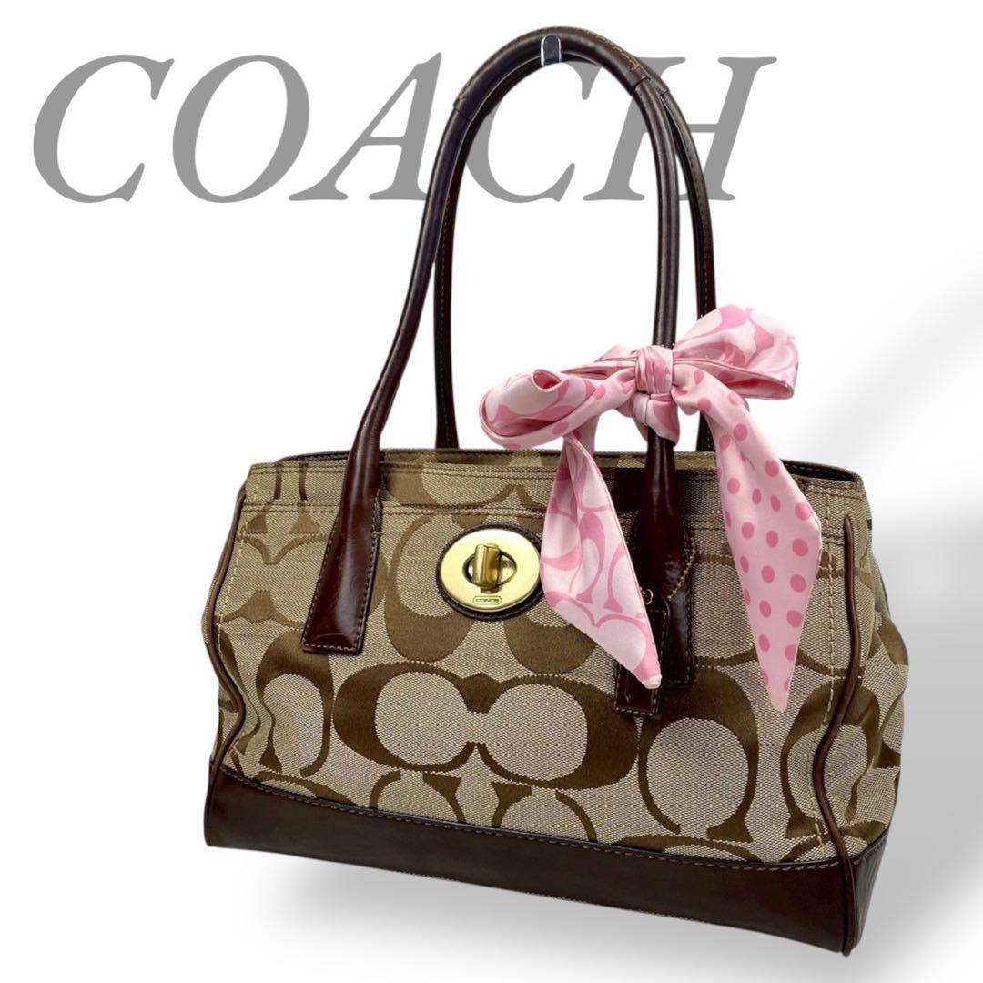 【B3135】 COACH コーチ トートバッグ ショルダーバッグ キャンバス レザー キャンバス スカーフ ピンク ターンロック シグネチャー 11557拍卖