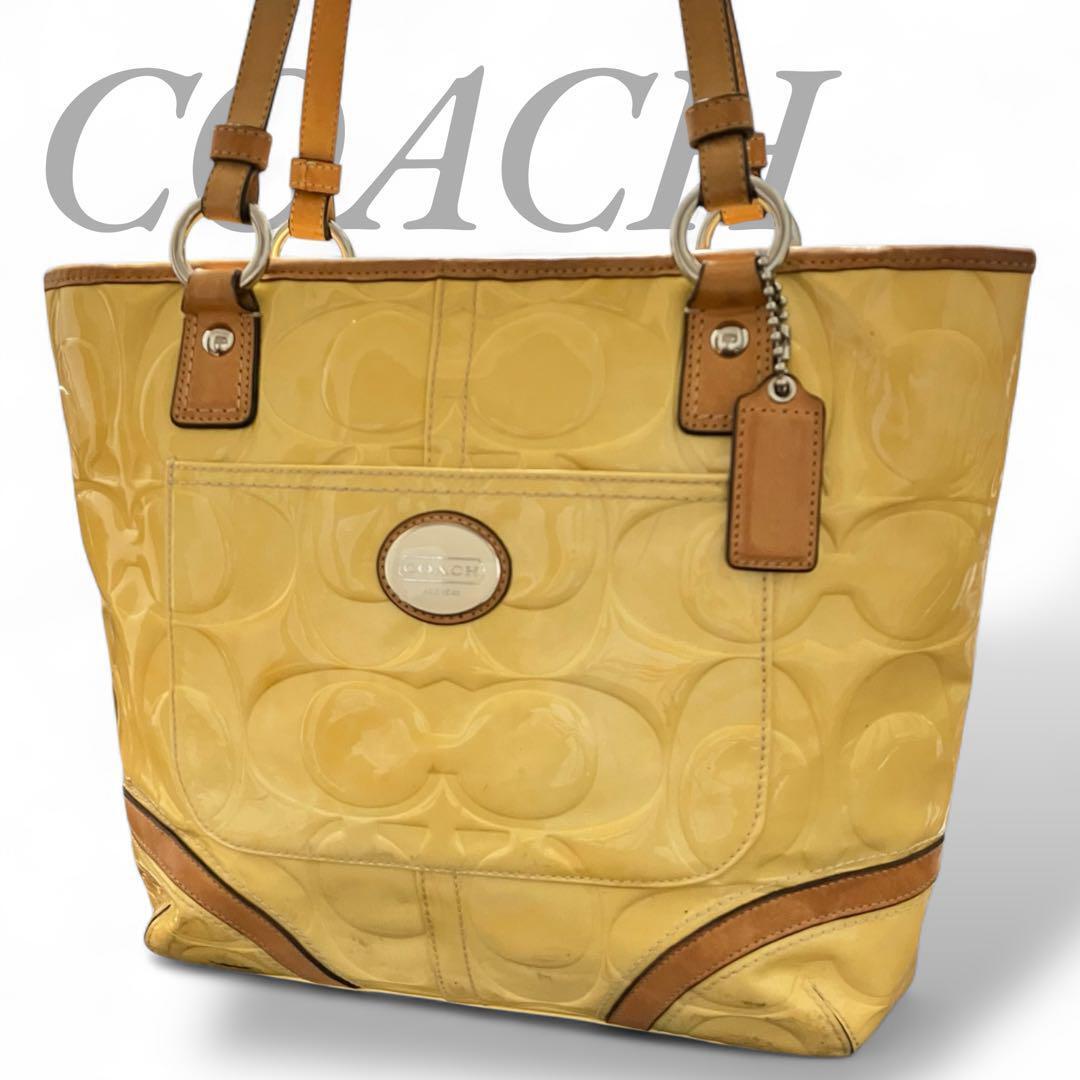 【MY0067】COACH コーチ 中古品 レディース シグネチャー トートバッグ ハンドバッグ エナメル レザー イエロー 肩掛け 22322拍卖