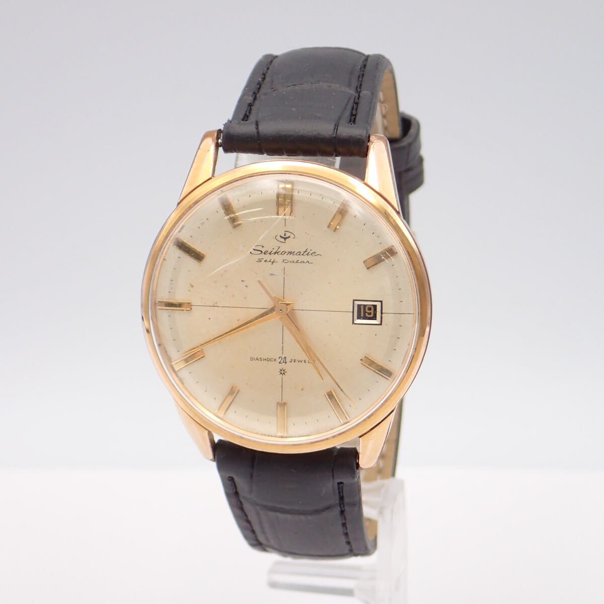 お09428 希少 セイコーマチック セルフデーター 15022E 金メッキ 24石 自動巻 メンズ腕時計 リューズ欠品 動作不良有 ジャンク拍卖