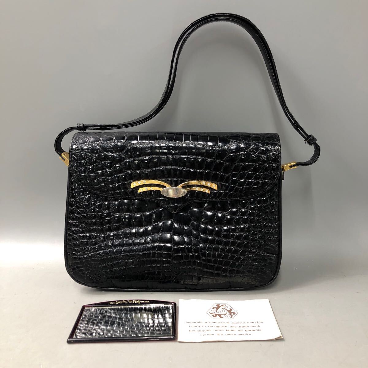 ★F10160 高級 クロコダイル ショルダーバッグ 黒 ブラック 金具装飾 ストーン イタリア製 GENUINE CROCODILE SKIN拍卖