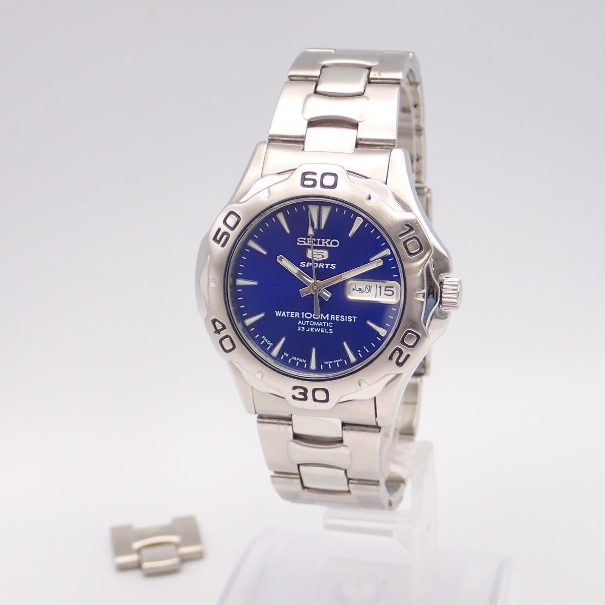 豊10143【美品】SEIKO 5 SPORTS 自動巻 23石 7S36-00A0 100M防水 ブルー文字盤 純正ベルト付 動作確認済拍卖