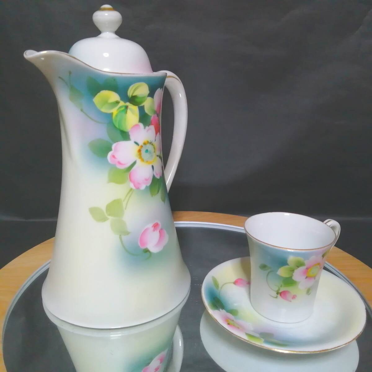 オールドニッポン◆里帰り ハンドペイント チョコレート カップ&ソーサー&ポット 輸出向け 花柄拍卖