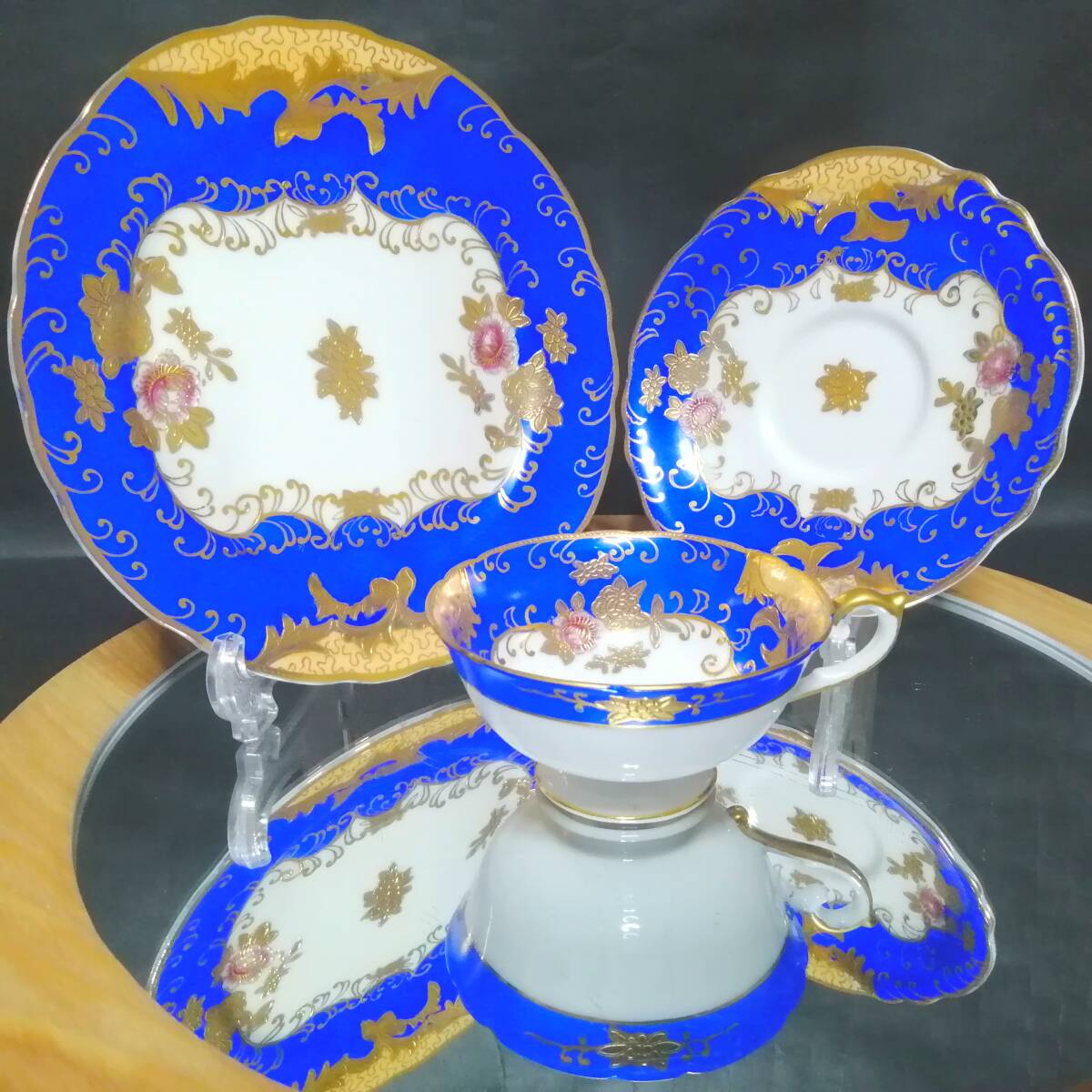 オールドニッポン◆中外陶器 金盛 コバルトブルー トリオ カップ&ソーサー拍卖