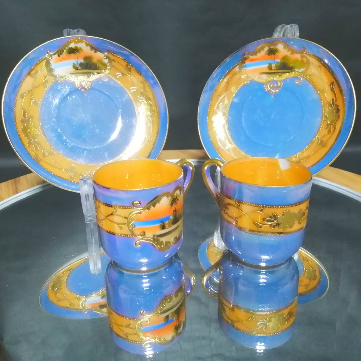 オールドニッポン◆里帰り 滝藤商店 金盛 湖畔図 1客 カップ&ソーサー ラスター 1-2 ※右カップソーサはおまけとしてお考えを拍卖