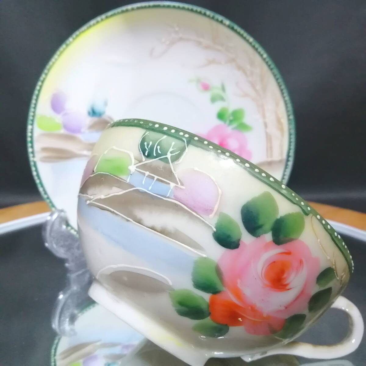 オールドニッポン◆里帰り 滝藤商店 カップ&ソーサー 手描き 薔薇風景紋 湖畔風景 輸出向け 6 ※追加出品予定あり拍卖