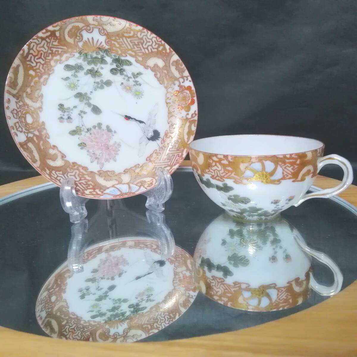 オールドニッポン◆里帰り 金盛 ハンドペイント 鶴 カップ&ソーサー 花鳥風月拍卖