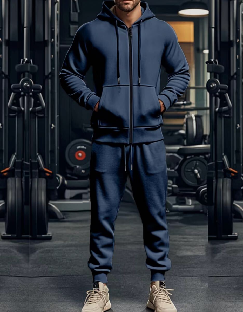 ジャージセットスウェット上下 ジョガーパンツとフード付き長袖 ネイビー Lサイズ拍卖