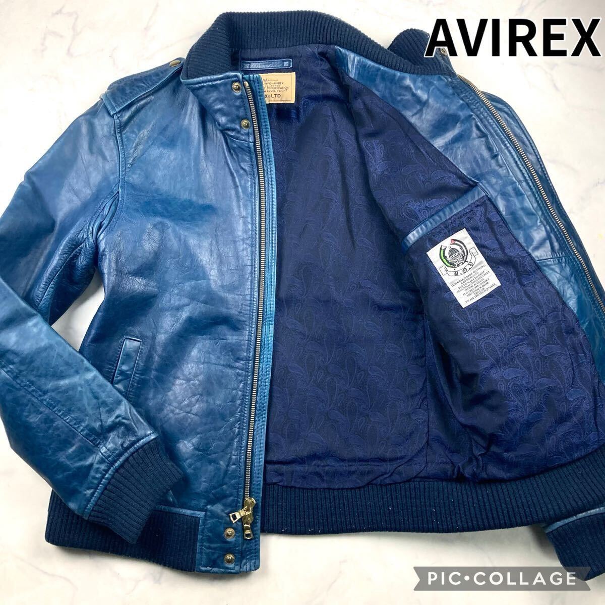 希少L!! AVIREX アヴィレックス ホースレザージャケット フライト ライダース ブルゾン 馬革 青 ブルー ペイズリー総柄● メンズ拍卖