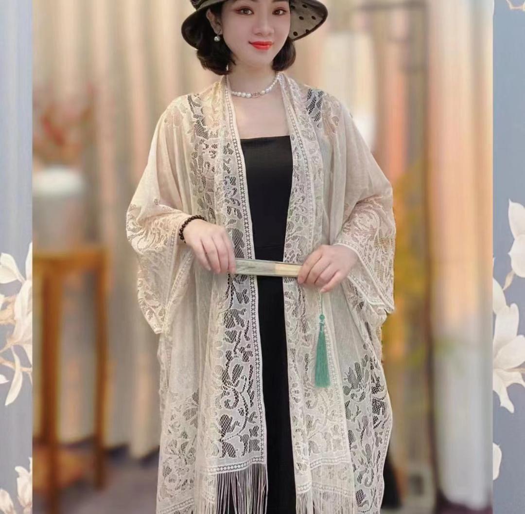 ベージュ レースカーディガン フリンジ付き 着物ショール レース拍卖