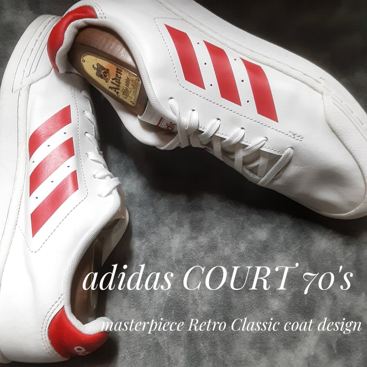 最値!希少18年製!ジャパニーズカラー!名作レトロクラシックコート!アディダス コート 70's シンセレザー スニーカー!ホワイト!白赤 26.5cm拍卖