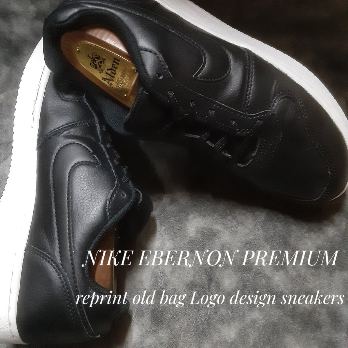 最値!生産終了!モノトーンブラック!完成型復刻オールドバッグロゴ!ナイキ エバノン ロー プレミアム高級シンレザー スニーカー!黒白 25.5cm拍卖