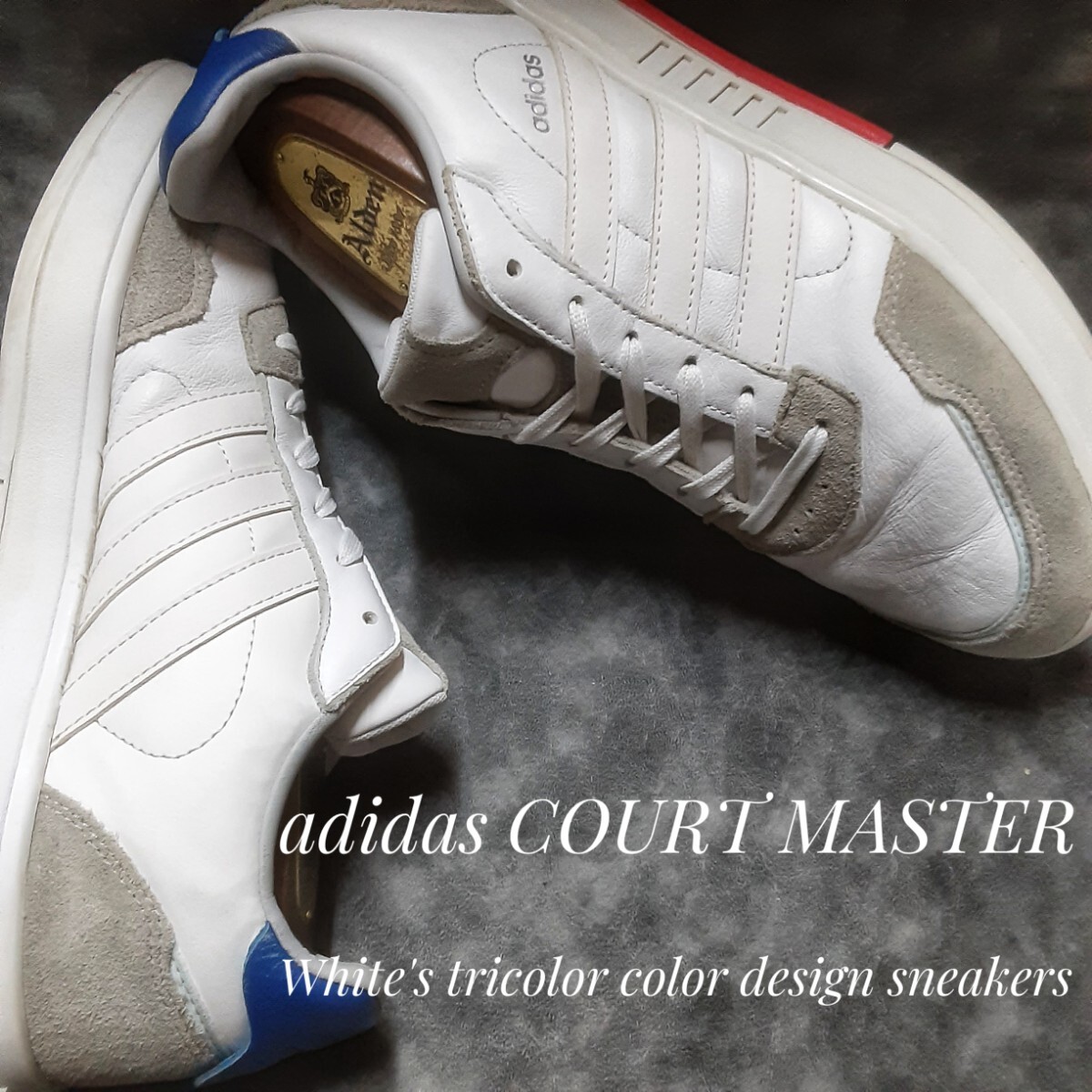 最値!00'sY2Kデザイン!ホワイツトリコカラー!コンビレザーファブリック!アディダス コートマスター高級シンセレザー スニーカー!白青赤 28拍卖