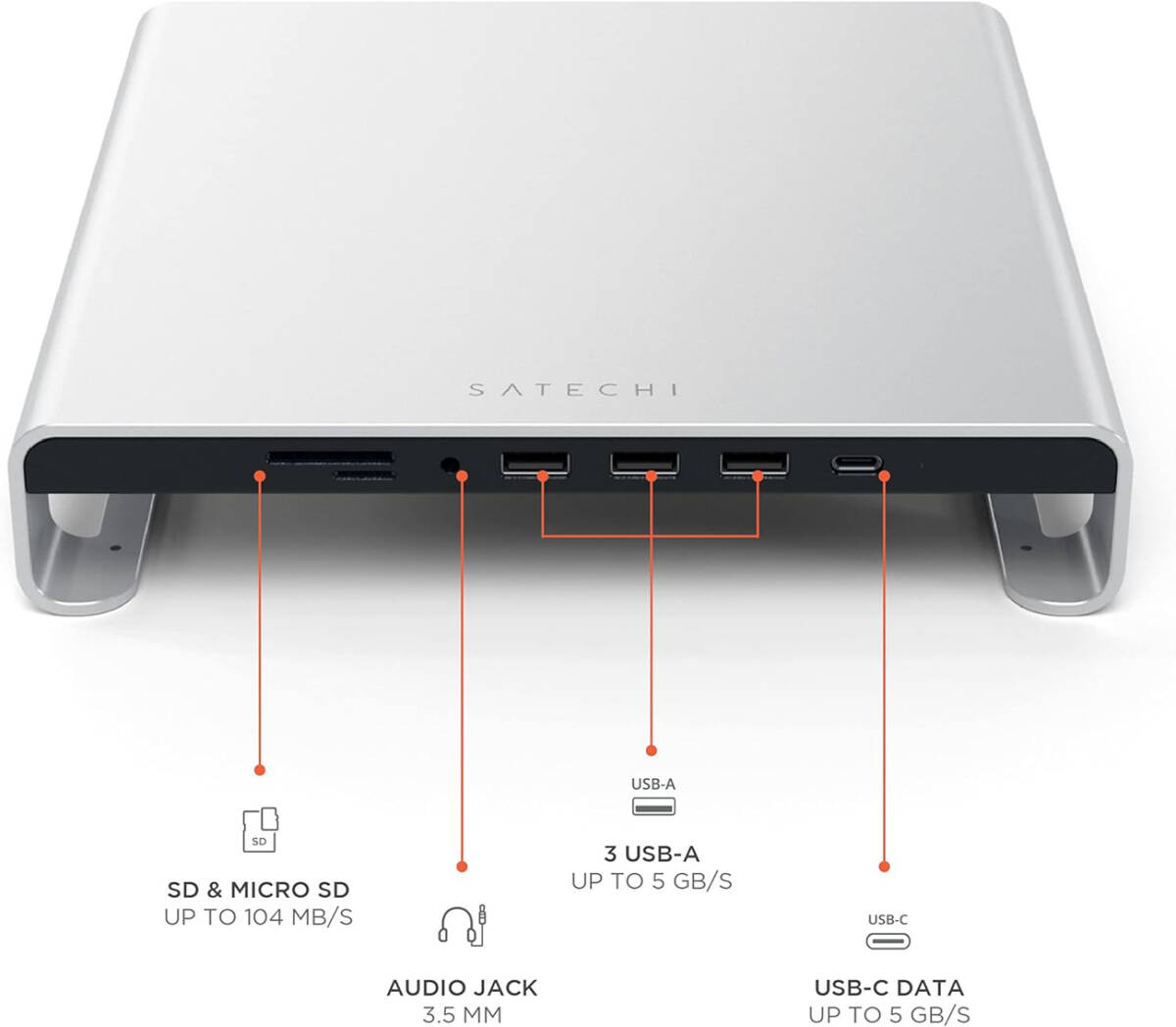 SATECHI アルミニウム iMac スタンド USB ハブ Type-C USB-Cデータ USB 3.0 Micro/SDカードスロット 音声ジャック, USB-C ハブ (シルバー)拍卖