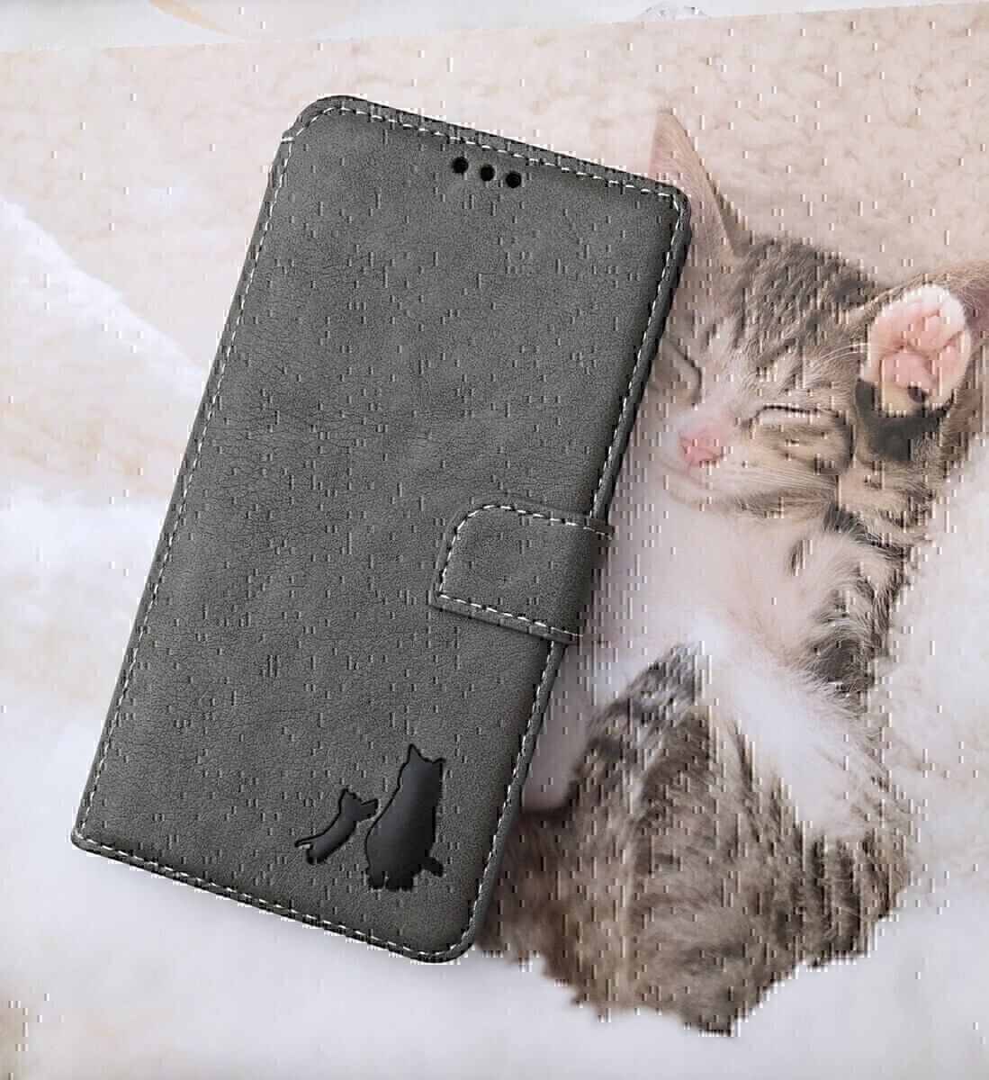 iPhone 13mini グレー 親子猫焼き印!高級レザー手帳型ケース拍卖