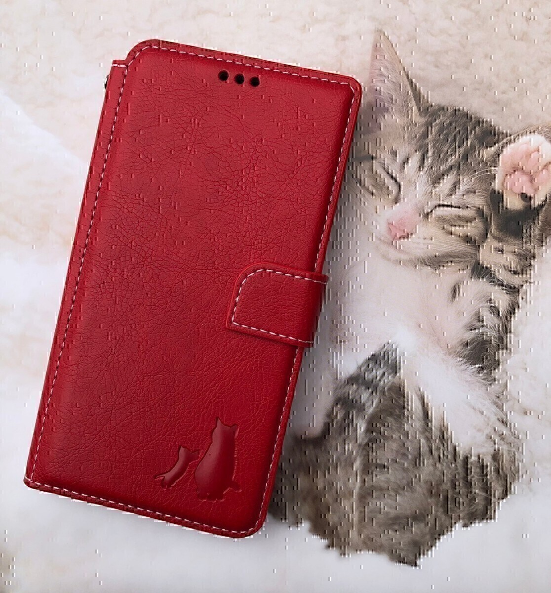 iPhone XR レッド 親子猫焼き印!高級レザー手帳型ケース拍卖