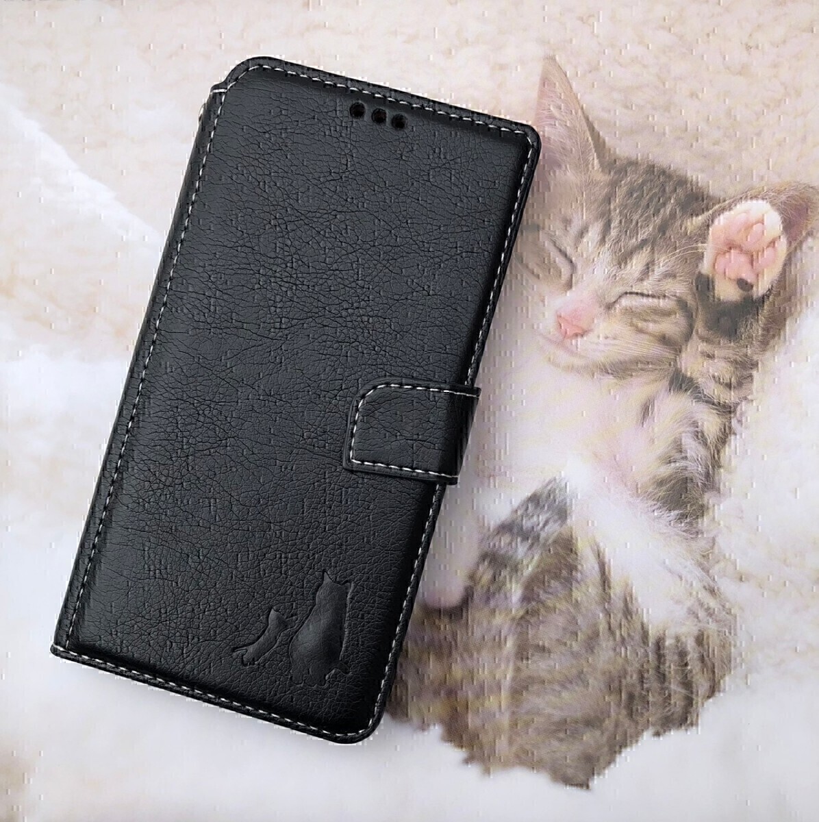 iPhone 12/12Pro ブラック 親子猫焼き印!高級レザー手帳型ケース拍卖