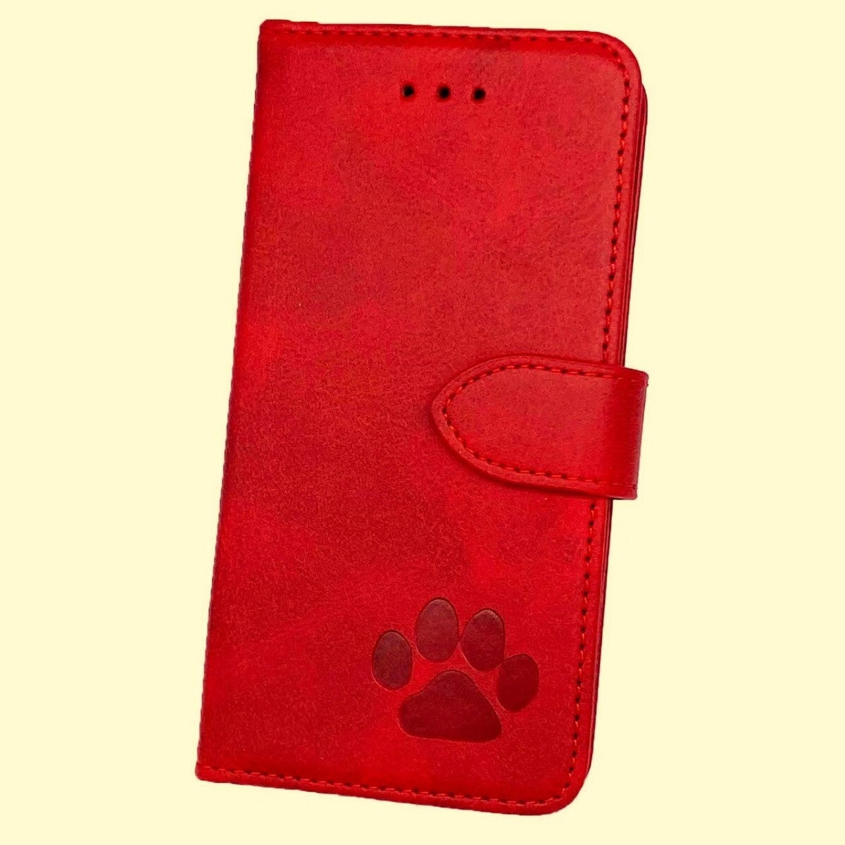 iPhone X/XS レッド 肉球焼き印!スムースレザー手帳型ケース拍卖