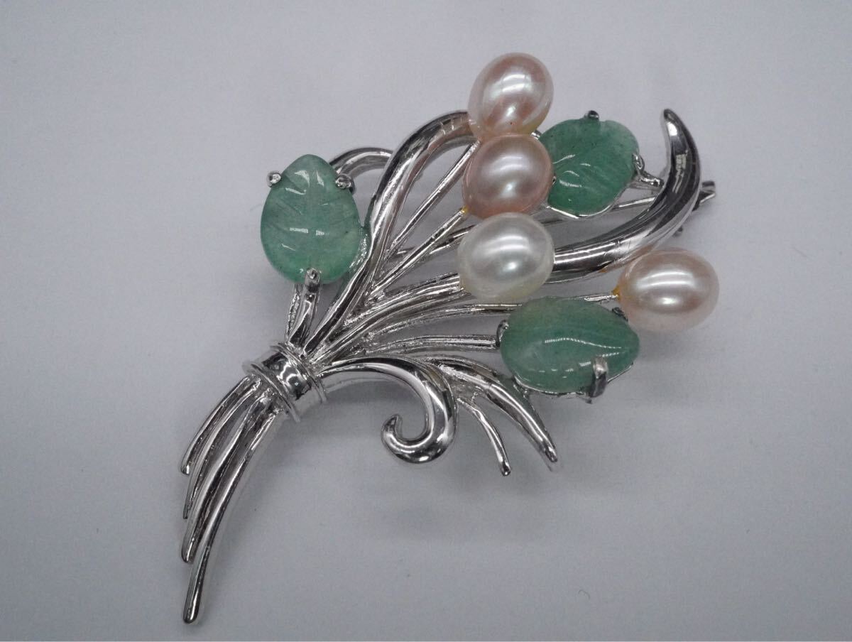 【619】真珠 パール 緑石 SILVER シルバー 925 ブローチ ペンダントトップ ネックレストップ アクセサリー TIA拍卖