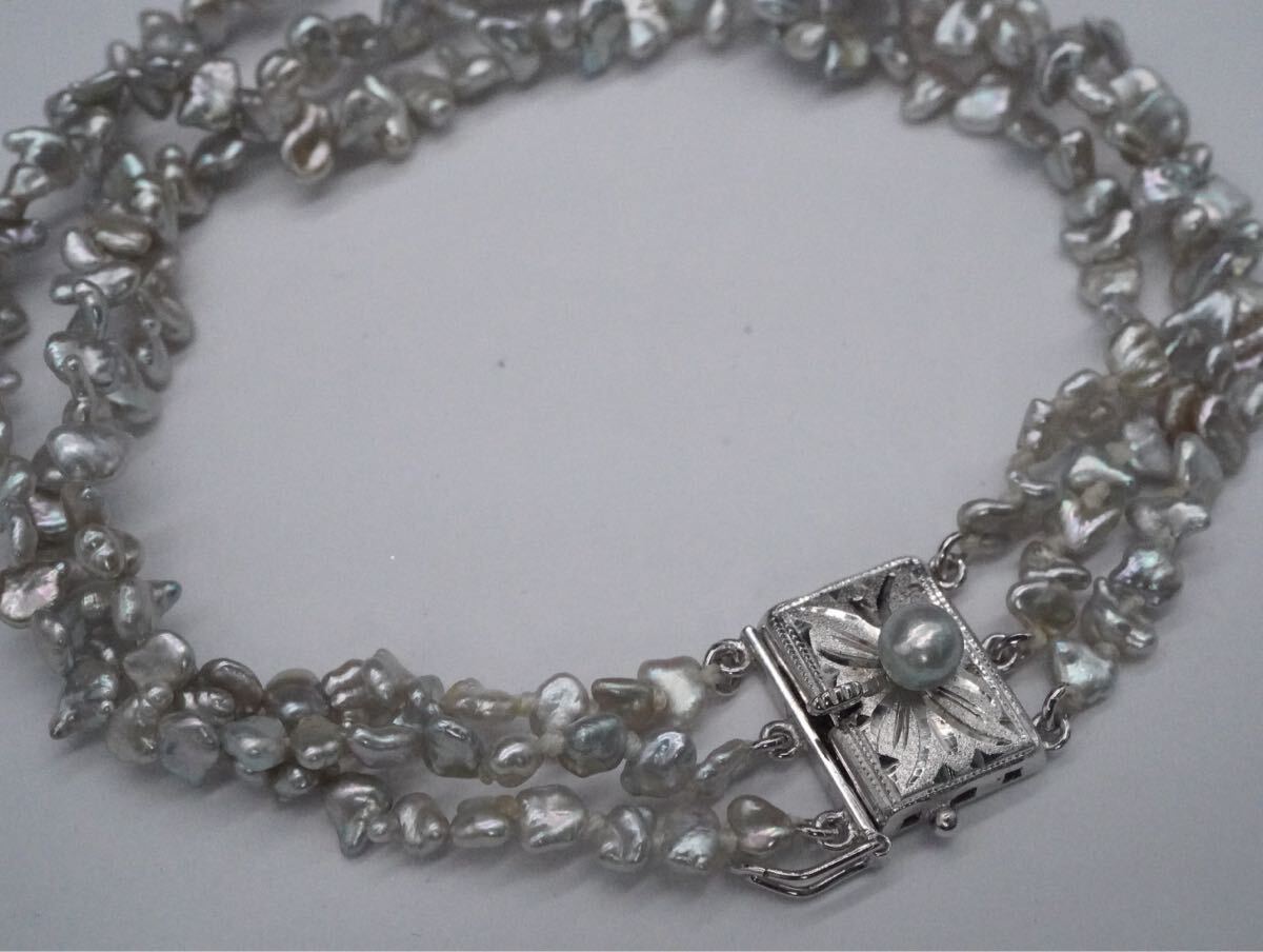【662】真珠 パール SILVER シルバー 3連 ブレスレット 長さ約19cm アクセサリー TIA拍卖