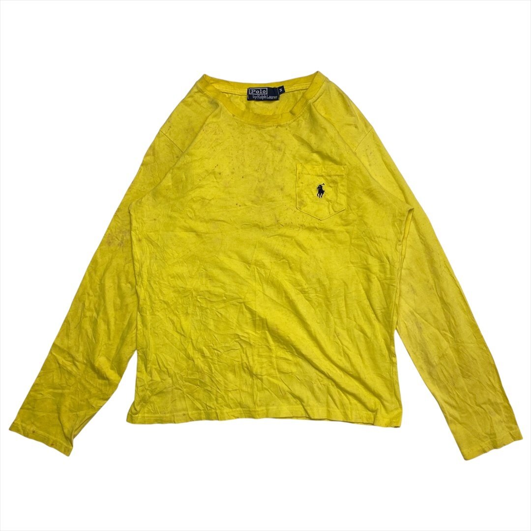 Vintage 90s-00s POLO Ralph Lauren ポロ ラルフローレン 刺繍ロゴ ポケット ロング Tシャツ 長袖 メンズ M イエロー 古着 ロンT ゆるだぼ拍卖