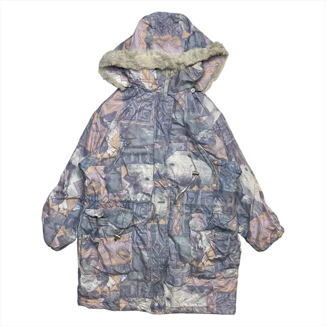 Vintage 90s 総柄 ウィンター ジャケット レディース FREE 柄 古着 マウンテン パーカー フェイクファー フーディー アウトドア ビンテージ拍卖