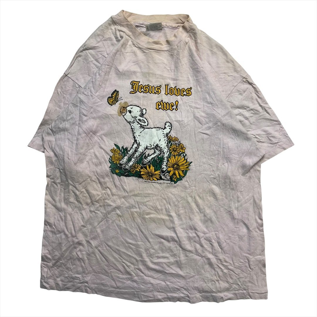 Vintage 90s Hanes Beefy-T Jesus loves ewe! 羊 プリント Tシャツ 半袖 レディース L ピンク 古着 USA製 シングルステッチ ビンテージ拍卖