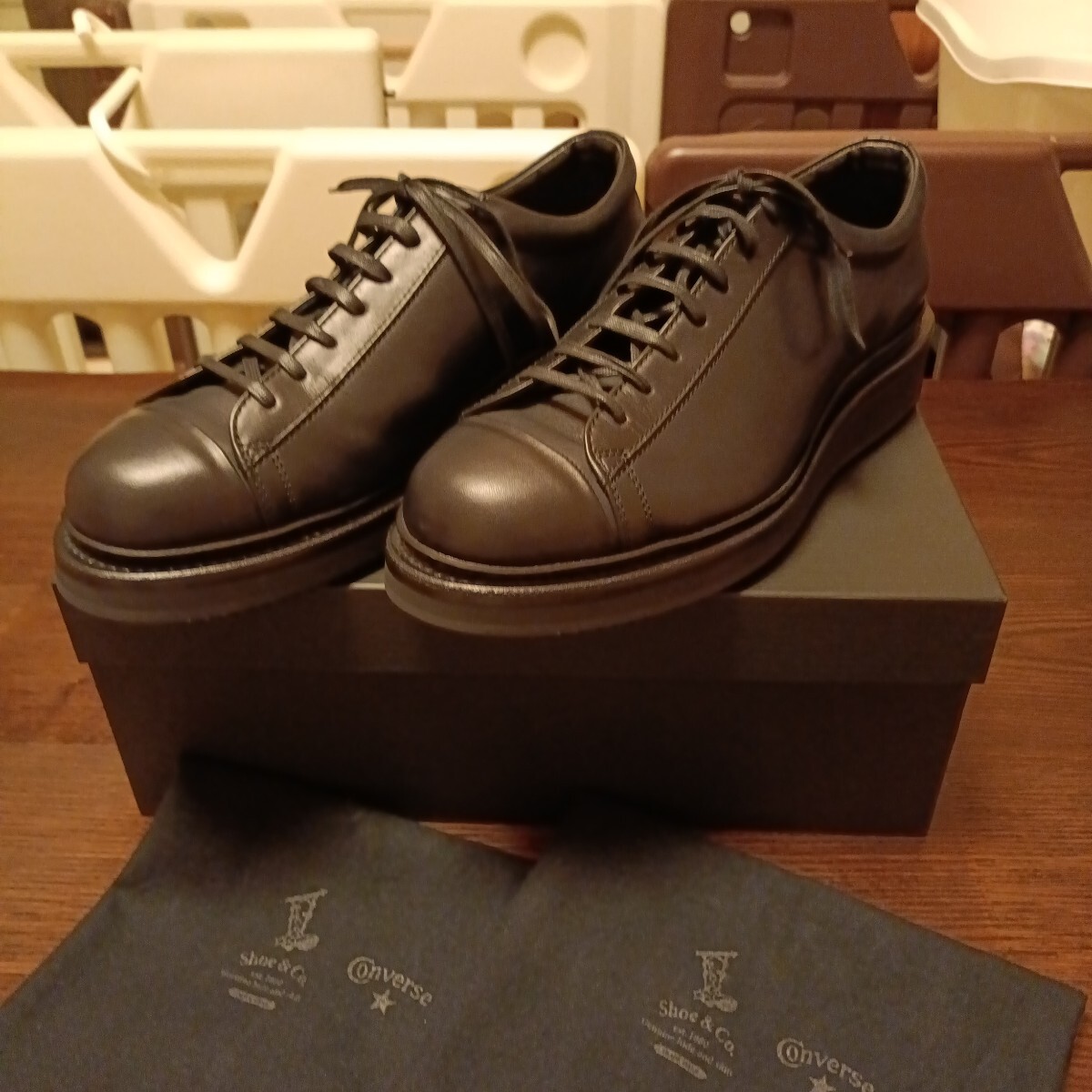 ・美品 リーガルShoe&Co.×CONVERSE、ALL STAR COUPE J PRM 3 OX.ブラックレザースニーカー、試し履き程度、送料無料拍卖