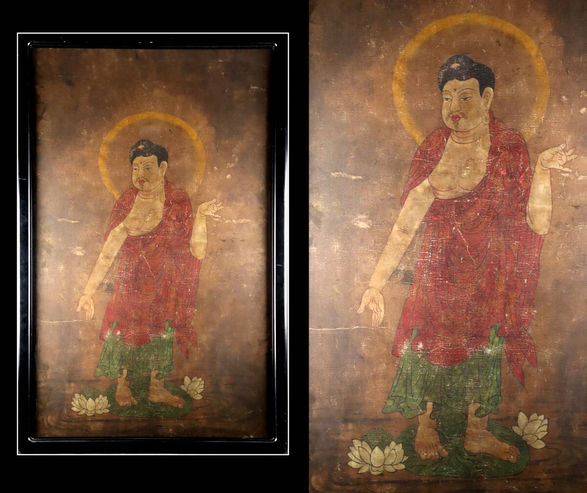 仏教美術 「阿弥陀如来図」 彩色 肉筆 60号 高麗仏画 時代古玩 唐物骨董 拍卖