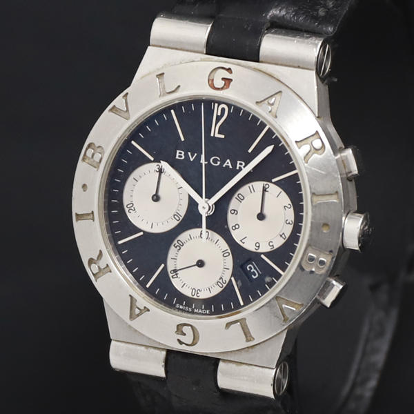 1円 稼働 QZ 保/箱付 ブルガリ ディアゴノ CH35S クロノ 黒文字盤 デイト メンズ腕時計 4438500 10ANT KRK拍卖