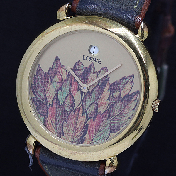 1円 保存袋付 稼働 ロエベ デイト リーフモチーフ文字盤 02274 QZ レディース腕時計 8273100 10ANT MST拍卖
