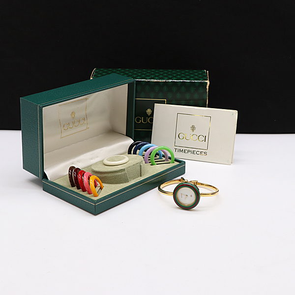 1円 保/箱付 稼働 グッチ チェンジベゼル 11/12 QZ ホワイト文字盤 レディース腕時計 0015400 10ETT KMR拍卖