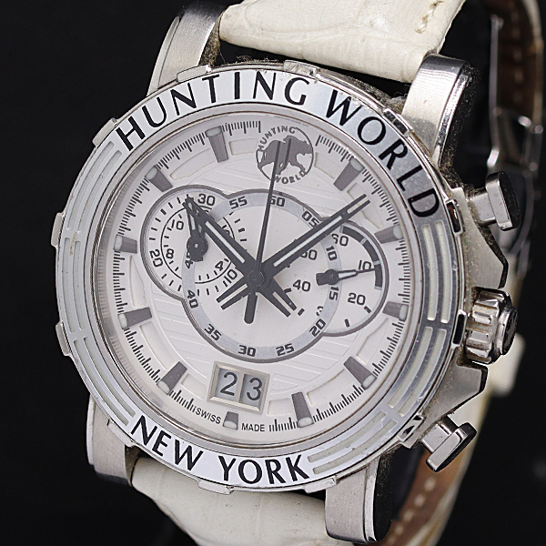 1円 稼働 ハンティングワールド HW-913 QZ クロノグラフ ホワイト文字盤 メンズ腕時計 1948000 10PRY MST拍卖