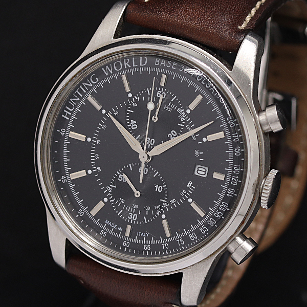 1円 稼働 ハンティングワールド クロノグラフ HW-015 QZ ブラック文字盤 メンズ腕時計 2908000 10NBG MST拍卖