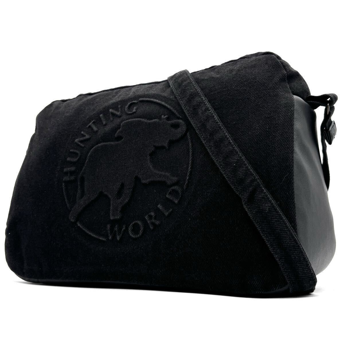 1円 美品・希少モデル ハンティングワールド ショルダーバッグ メンズ デニム レザー ロゴ サファリ 斜め掛け 大容量 ジップ ブラック 黒拍卖